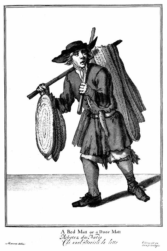 street seller of rush mats - London, 17th century
